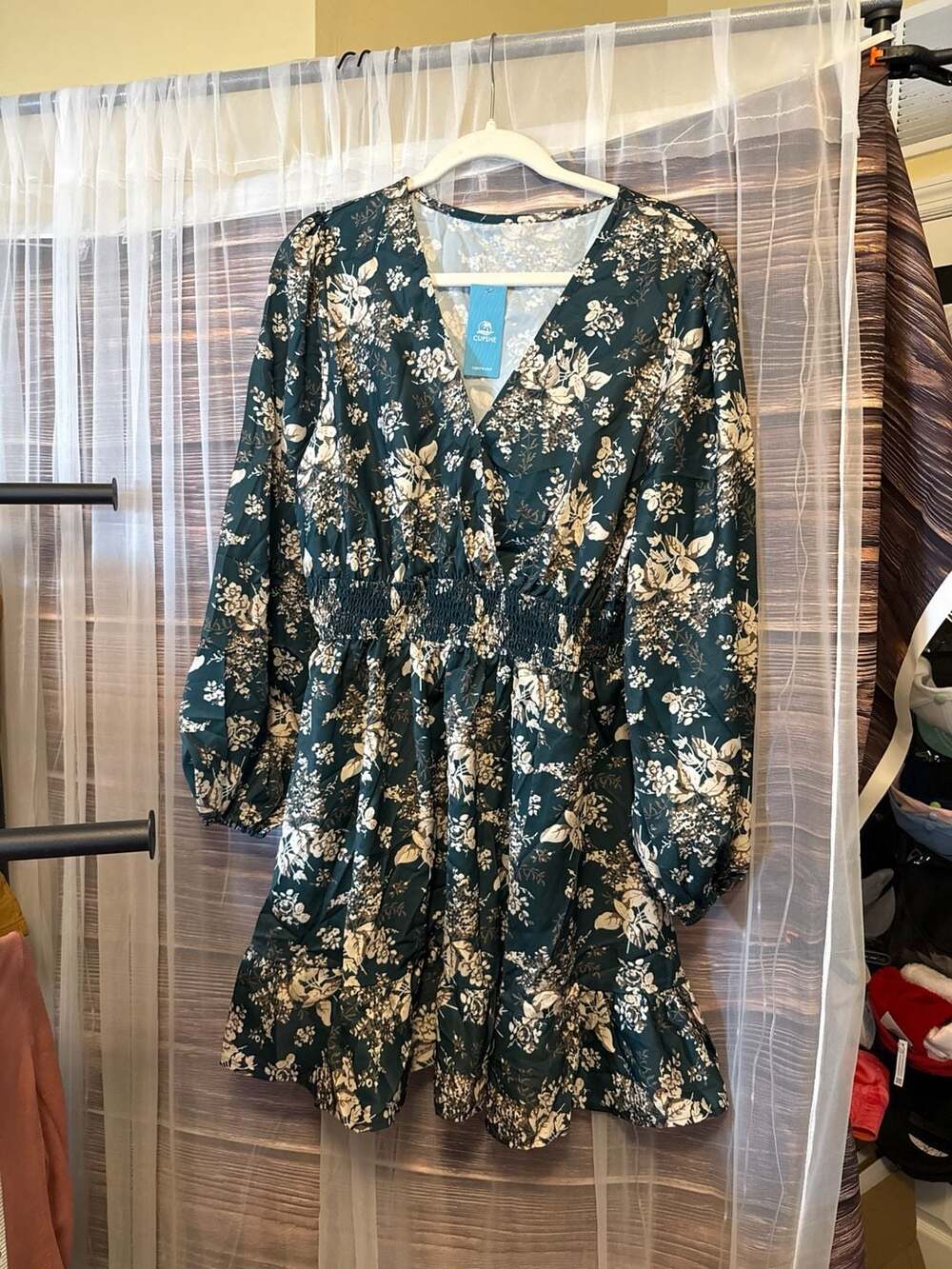 Cupshe Green Floral Blouson Sleeve Smocked Waist Mini Dress - Picture 1 of 4